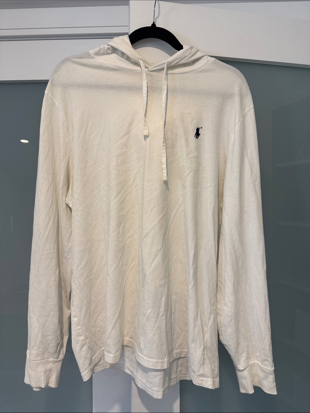 Ralph Lauren Men’s White Hooded Long Sleeve Shirt with Navy Pony Logo